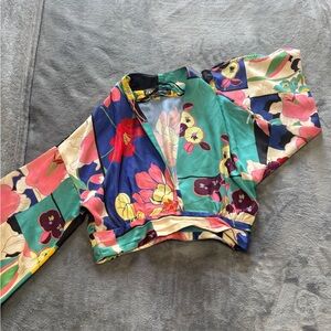 Green and Pink Mandarin Collar Crop Blouse